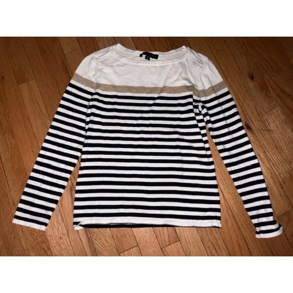 Tommy Hilfiger Womens Small Navy White Striped Knit Top Gold Accent L/S T57-2